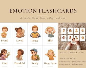 8 Positive Emotion Flashcards for Kids, Montessori Toddler Feelings Cards, SEL Digital Download, Preschool Home school Learning Material