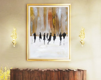 Abstract black silhouettes, people figures, silhouette portrait, gold, bronze, black white abstract painting, mustard, modern decor original