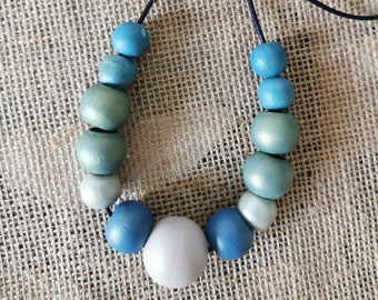 Statement silver blue grey wood necklace, gift for her fashion, Wood Bead Necklace, hand painted necklace, Gift for Wife