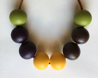 Yellow purple green wood necklace, Statement yellow wood necklace, Gift for Wife, Wood Bead Necklace, hand painted necklace