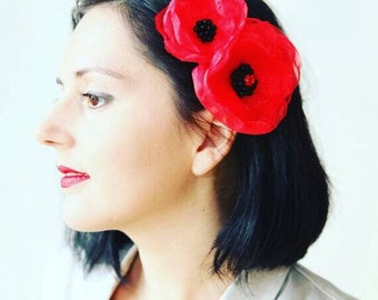 Red organza layered flower clip, hair clip brooch combo, multiple layers clip, Xmas eco fashion, hand sewn  red poppy hair accessory