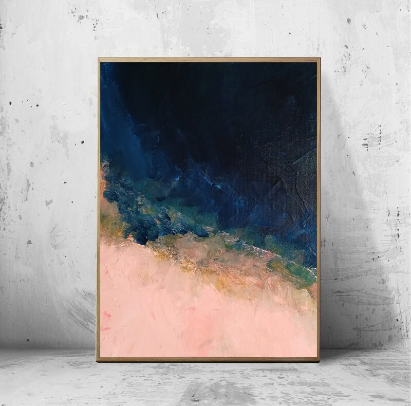 Blush Pink Nautical Print, Navy Ocean Minimalist Modern Art, Navy Blue ...