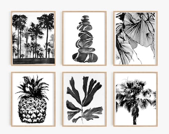 Palm Tree Art Monochrome Coastal Decor Beach, Set of 6, Beach Coastal Scene Gift for Wife, Gift for house owner Gift for MOTHER coral fan