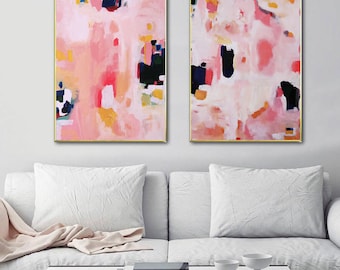 Soft pink abstract set of 2, modern fresh gift for new home Wall Art, Abstract Painting, prints Pink cream yellow navy blue teal