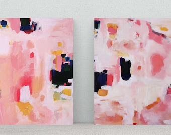 Soft pink white green prints, Barbiecore must have 2023 Wall Art, Abstract Painting, print set of 2, Pink orange cream yellow navy blue blue