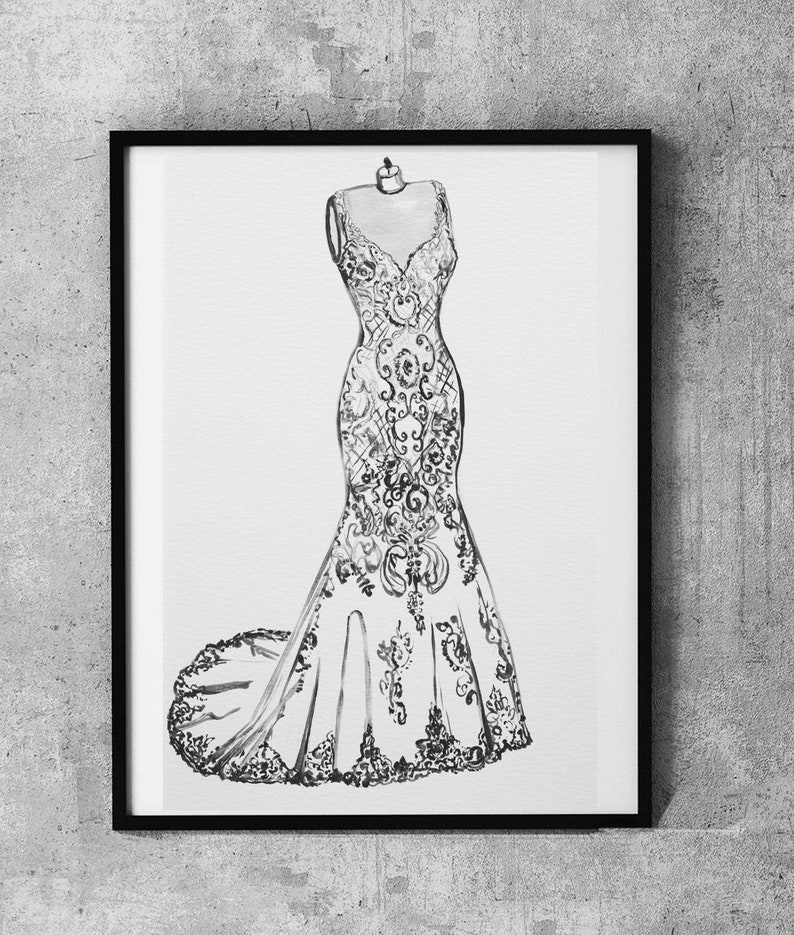 Wedding dress sketch, Custom Wedding sketch, First Year Paper Anniversary Gift, Wedding Gift, wedding dress drawing, bridal illustration FULL LACE DRES 11X14 inches