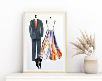 Wedding dress sketch, custom bride groom portrait wedding party illustration, dress tuxedo couple portrait, personalised bridal unique gift