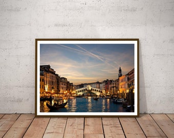 Sunset Venice print, Rialto bridge at night, Canals of Venice, modern Rialto bridge, golden lights Venice architecture