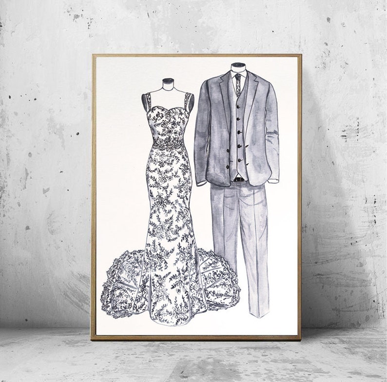 Wedding dress sketch, custom bride groom portrait, wedding party illustration, dress tuxedo illustration, couple portrait, image 5