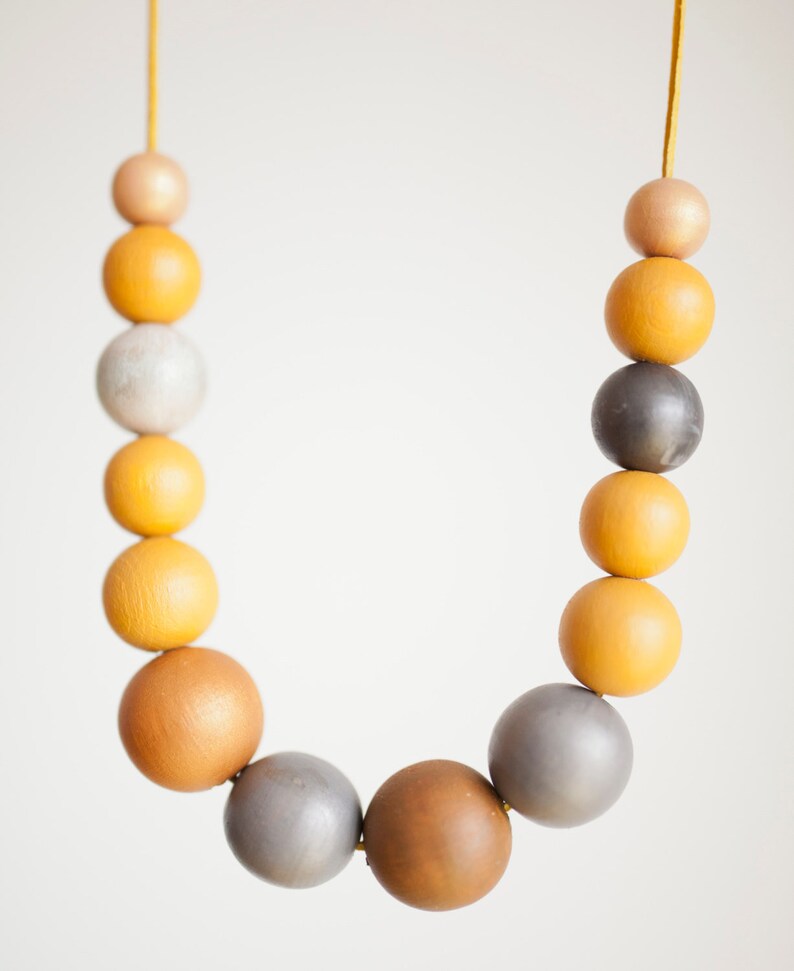Mustard Yellow Wood Necklace Hand Painted Charcoal Grey Etsy