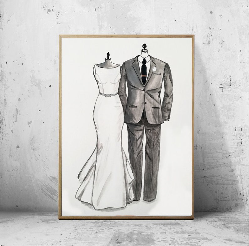 Wedding dress sketch, custom bride groom portrait, wedding party illustration, dress tuxedo illustration, couple portrait, 11 X 14 inches