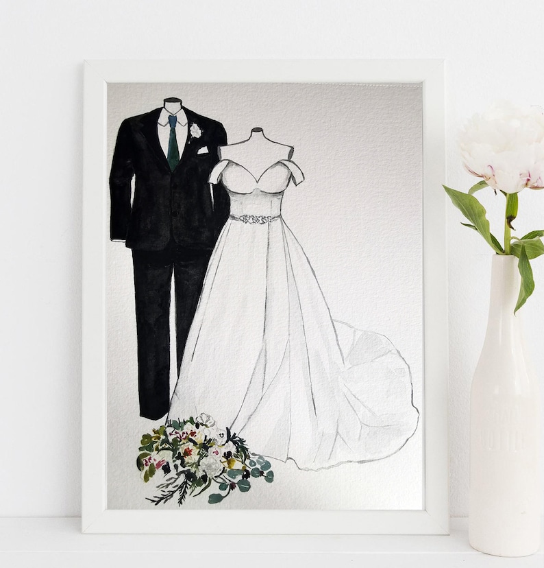 Wedding personalised bridal unique gift, bride dress, custom bride groom portrait wedding Gift for WIFE, Gift wedding day couple portrait, image 1