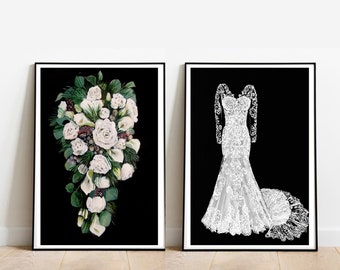 Anniversary gift, dress and bouquet, Wedding Dress art, Gift Bride, 1 year anniversary gift wife, dress portrait, flowers wedding day gift