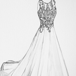 Wedding dress sketch, Custom Wedding sketch, First Year Paper Anniversary Gift, Wedding Gift, wedding dress drawing, bridal illustration image 6