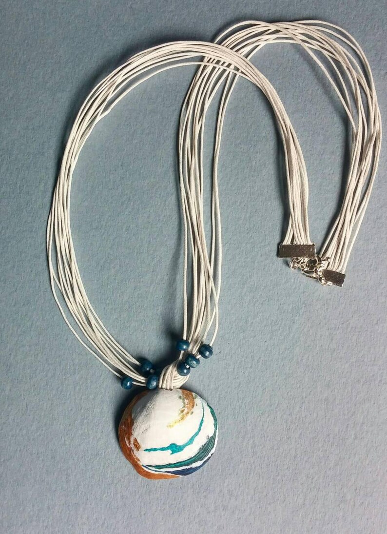 Sea organic seashell Mermaid hand painted pendant Painted sea shells necklace Summer Wedding Beach turquoise Ocean Nautical Pendant