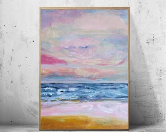 Blush pink Beach art, ocean print, abstract painting, seascape painting, beach house decor, print, Navy Ocean art,Pink sunset, calm seascape