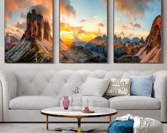 Italien Alpen PRINT auf Leinwand, Sonnenuntergang Panorama 3 Zinnen Lavaredo, Dolomiten Alpen Wand Dekor, Landschaft Wohnzimmer, preisgekrönte Künstler