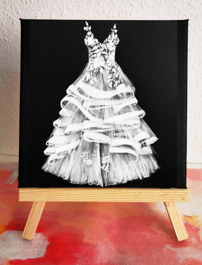 Wedding dress sketch, Custom Wedding sketch, First Year Paper Anniversary Gift, Wedding Gift, wedding dress drawing, bridal illustration CANVAS & EASEL 8X8 inches