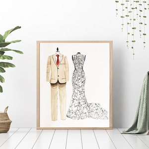 Wedding dress sketch, custom bride groom portrait, wedding party illustration, dress tuxedo illustration, couple portrait, image 1
