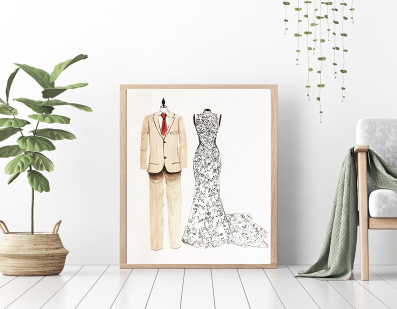 Wedding dress sketch, custom bride groom portrait, wedding party illustration, dress tuxedo illustration, couple portrait, image 1