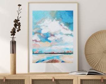 Soft blue Blush pink Beach art, ocean print, abstract painting, seascape painting, beach house decor, print Pink sunset, California seascape