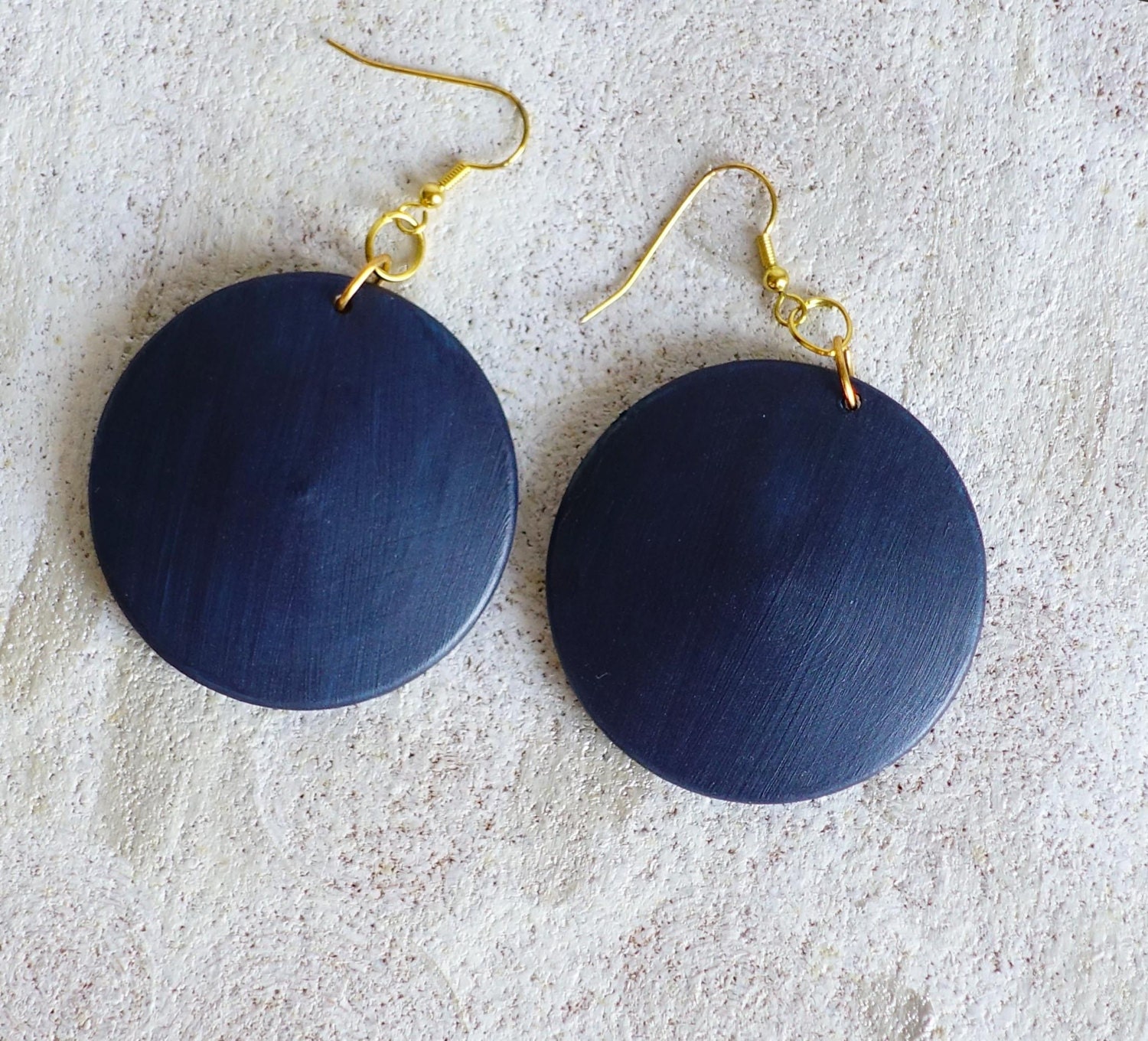 Navy Blue wood earrings Blue navy large disc earrings navy Etsy