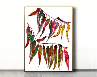 Eucalyptus Leaf, Gum tree Australia, Wall Art Eucalyptus, red green gold Eucalyptus, Watercolor Plant Eucalyptus, Minimalist Botanical Green