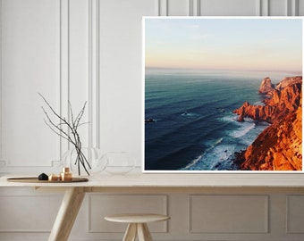 Portugal orange sunset cliffs, modern coastal art, cobalt blue gold Navy Ocean, Portugal coastal, sunset Art beach house