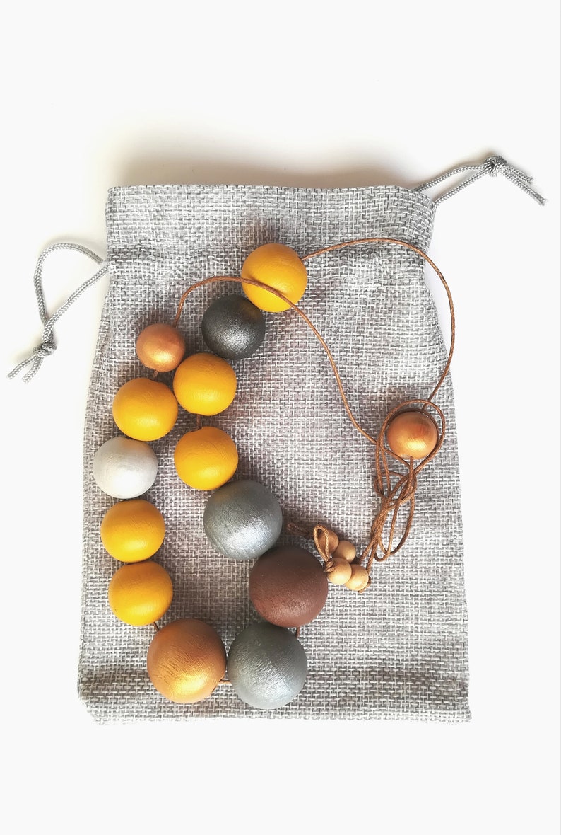 Mustard Yellow Wood Necklace Hand Painted Charcoal Grey Etsy