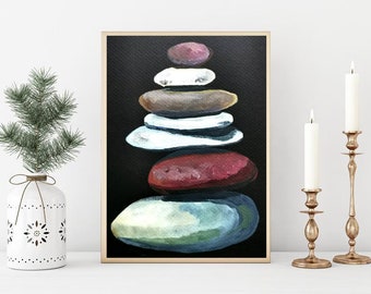 Balancing rocks life meditation yoga art, Stacked Pebbles Watercolour Painting, stacked rocks zen, beach rocks art, home decor nautical,