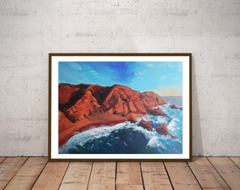 Aerial Beach sunset painting, Coastal Artwork, navy blue wall art, Portugal coast art, print nautical, sunset ocean burnt orange cliffs