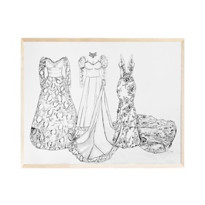 Generations Wedding Illustration Custom gift grandmother, Daughter Art Wedding Keepsake gift Mom dress illustration, Anniversary Gift unique 3 dresses 11x14 inches