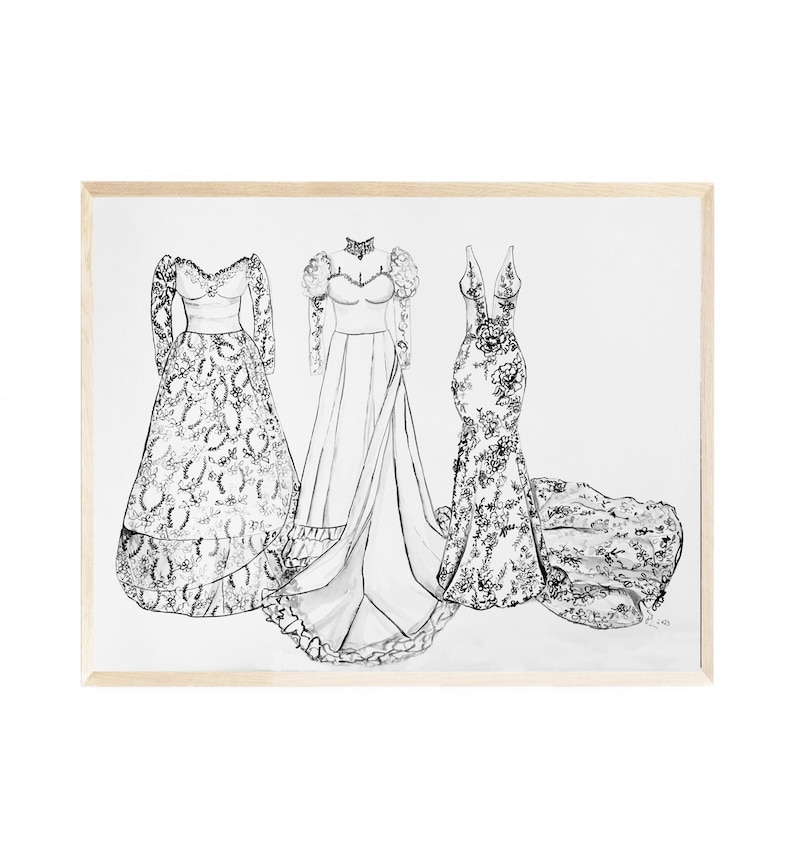 Generations Wedding Illustration Custom gift grandmother, Daughter Art Wedding Keepsake gift Mom dress illustration, Anniversary Gift unique 3 dresses 11x14 inches