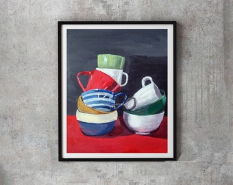 Tea Cups Art Print, Gift for Mom, Colourful cups Wall Art, coffee cups prints, Modern Kitchen Art Print, Balancing cups red white blue