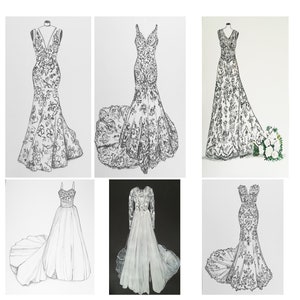 Wedding dress sketch, Custom Wedding sketch, First Year Paper Anniversary Gift, Wedding Gift, wedding dress drawing, bridal illustration image 2