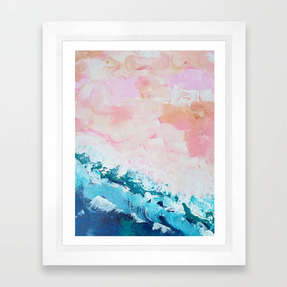 Blush Pink Nautical Print Navy Ocean Art Turquoise Blue Wall | Etsy