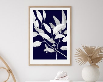 Eucalyptus Leaf Print, Indigo Navy Floral Watercolor (Digital Download)