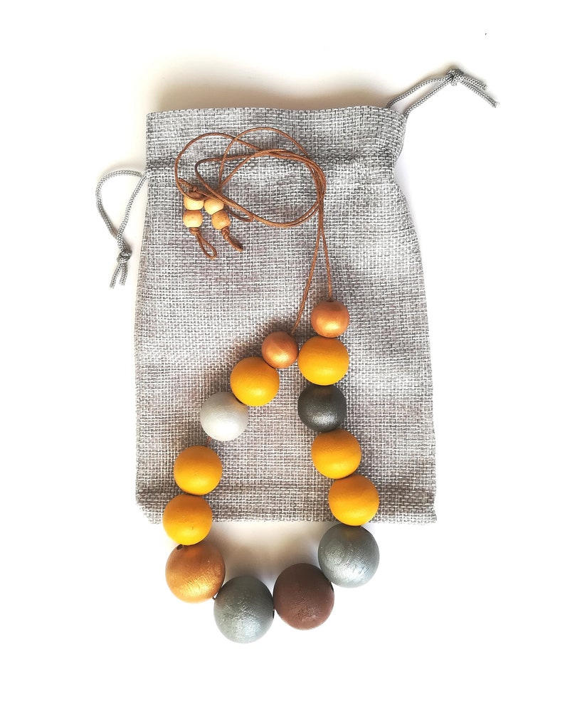 Mustard Yellow Wood Necklace Hand Painted Charcoal Grey Etsy