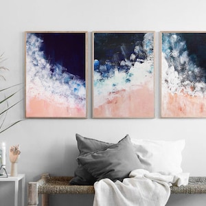 Blush pink navy nautical set of 3, Navy blue abstracts, Ocean art, contemporary, Abstract coastal print, Pink beach, ocean pink white blue,