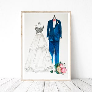 Wedding dress sketch, custom bride groom portrait, wedding party illustration, dress tuxedo illustration, couple portrait, +Bouquet 11 x14 inches