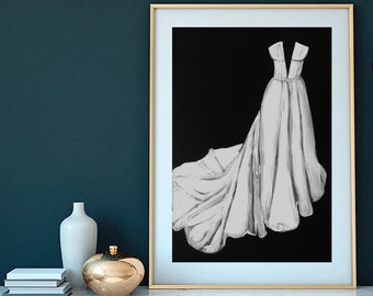 Wedding dress illustration, personalized gift 1 year anniversary gift for wife, wedding dress drawing, bride's dress, bridal gift