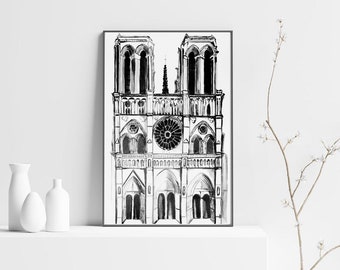 Notre Dame de Paris Travel Wall Art, PARIS Home Decor, DIGITAL file, illustration architecture France symbol, printable, living room bedroom