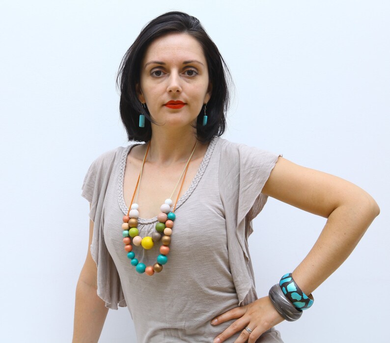 Mustard Yellow Teal Wood Necklace Camel Mint Pastel Wooden Etsy