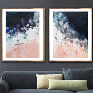 Blush pink nautical set of 2, Navy Indigo Ocean art, Navy Blue Wall Art, Abstract coastal print, Pink beach, ocean pink white blue