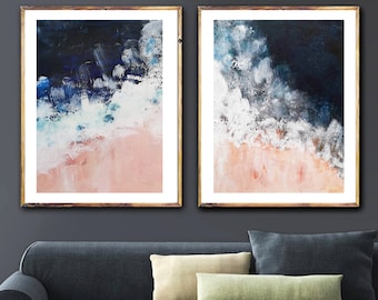 Abstract Beach Art Prints, Pink Navy Coastal Set of 2