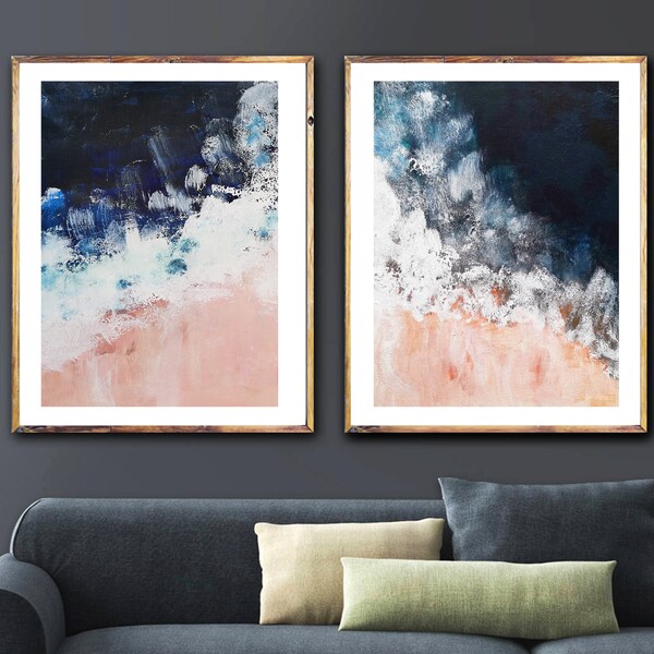 Abstract Beach Art Prints, Pink Navy Coastal Set of 2
