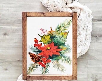 Christmas watercolor, red poinsettia, Digital Download Christmas Decor, Xmas gift suburban mom, Winter cards unique watercolor