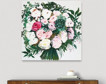 Anniversary Illustration wedding, bridal bouquet painting, Custom Wedding Bouquet, Personalized Wedding Gift for her, linen anniversary gift