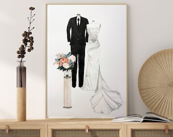 Wedding dress sketch, custom bride groom portrait wedding party illustration, dress tuxedo couple portrait, personalised bridal unique gift
