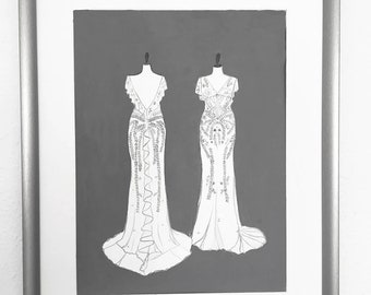 Wedding dress sketch, back front dress illustration, Custom bridal sketch, gift for bride drawing, Paper Anniversary idea, MOB gift